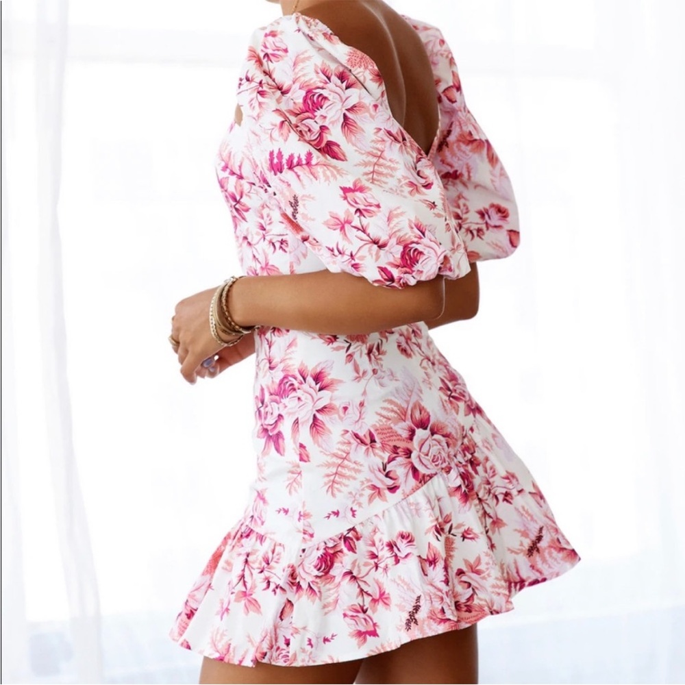 Hello Molly Sweetest Kind Floral Cut Out Asymmetrical Puff Sleeve Mini Dress- 6 - Picture 5 of 13